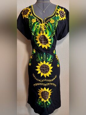 Black Yellow Green Tie Back Midi Dress Mumu M